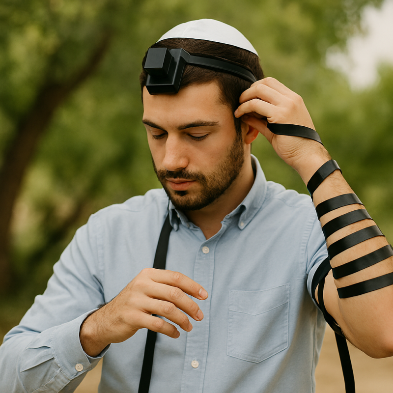 תמונה המסורת היהודית של הנחת תפילין