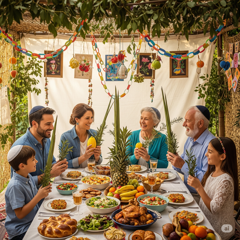 תמונה המסורת היהודית של חג הסוכות: הסוכה, ארבעת המינים וכל הקשור לחג